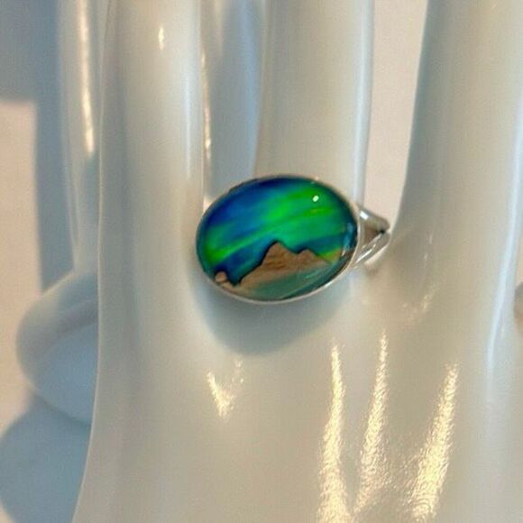 Unique Aurora Opal Ring Northern Lights Sterling Silver Unisex Trendy New - Picture 1 of 9